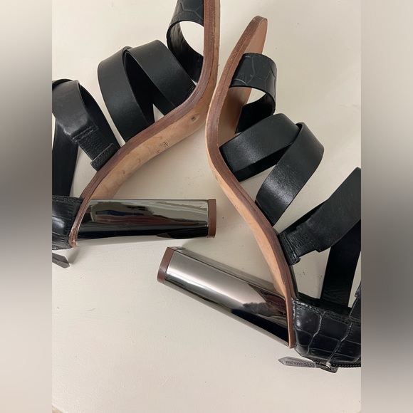 BCBG Max Azria black leather strappy sandal with chunky metallic heel. Size 8M. - Picture 5 of 7